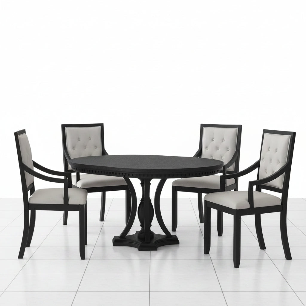 5 Piece Round Dining Table Set Extendable Wood Black Oak - Detailed close up of the durable black oak surface texture