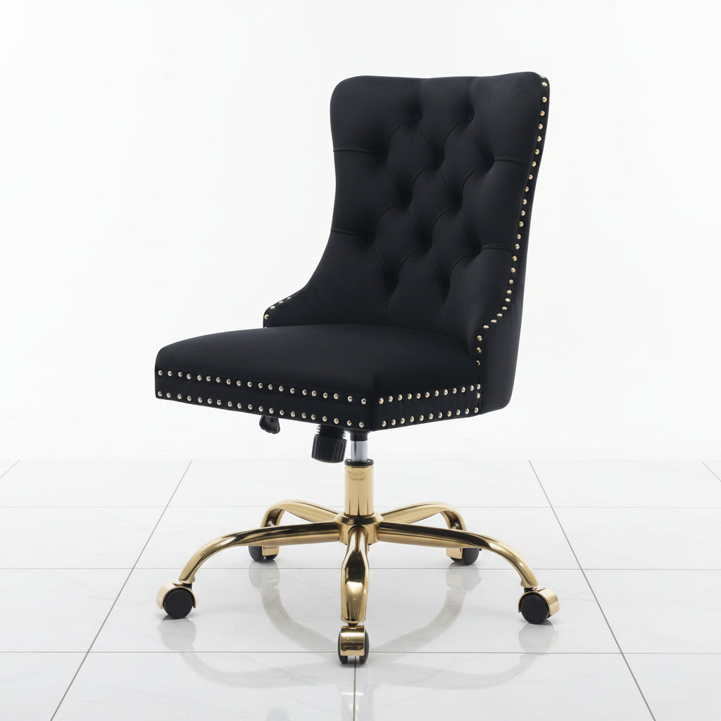 Black Velvet Office Chair with Tufted Back Adjustable Swivel Base - Side profile view of the ergonomic curvature and height adjustment lever