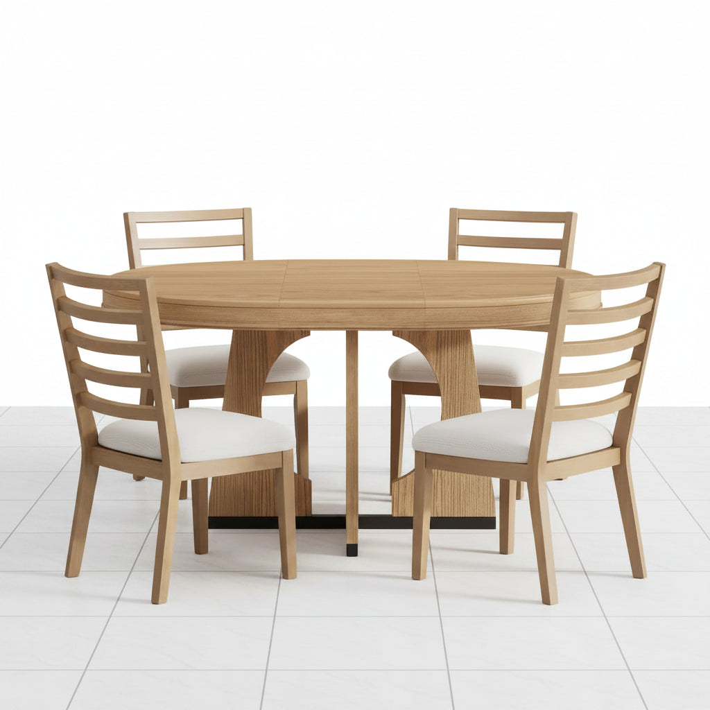 Natural Wood Dining Table Set with 4 Chairs Round Extendable Design - Front view highlighting the warm natural wood grain finish