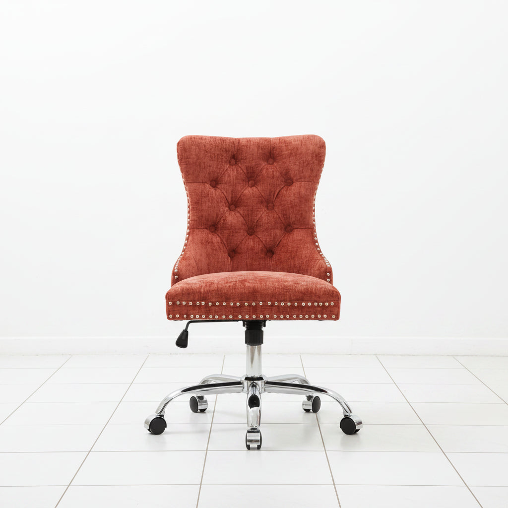 Orange Chenille Office Chair with Tufted Back Adjustable Swivel Base - Angled perspective showcasing the vibrant orange tufted backrest and swivel seat