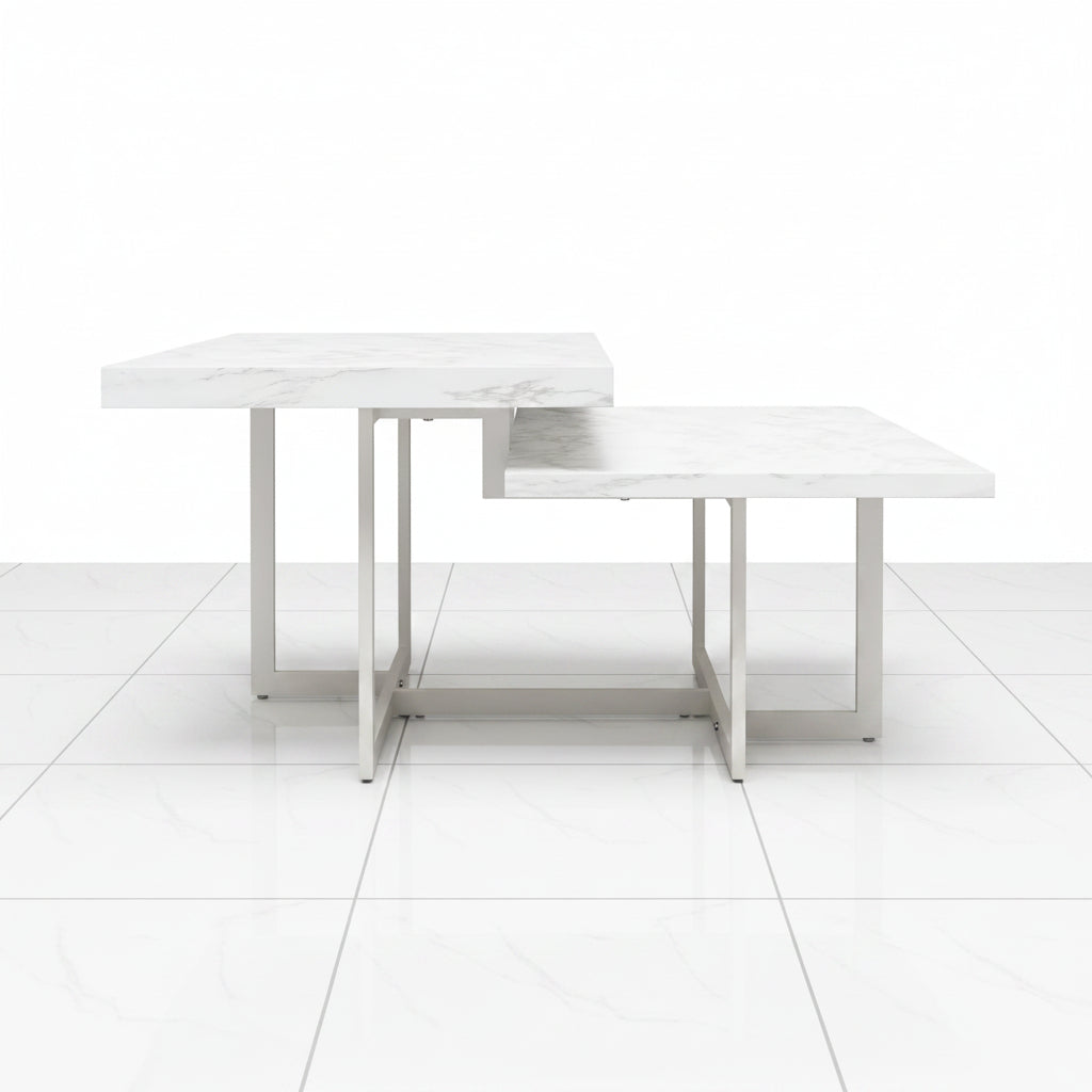 White Square Coffee Table with Faux Marble Top 2 Tier Metal Frame - Front view highlighting the two-tier structure