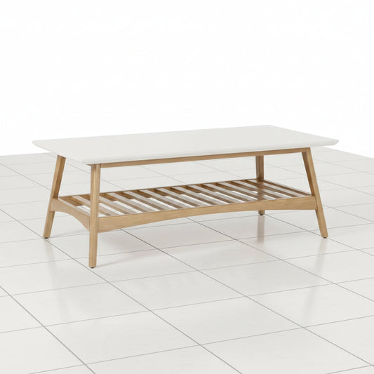 Minimalist 2 Tier Coffee Table featuring an off white tabletop and natural wood finish