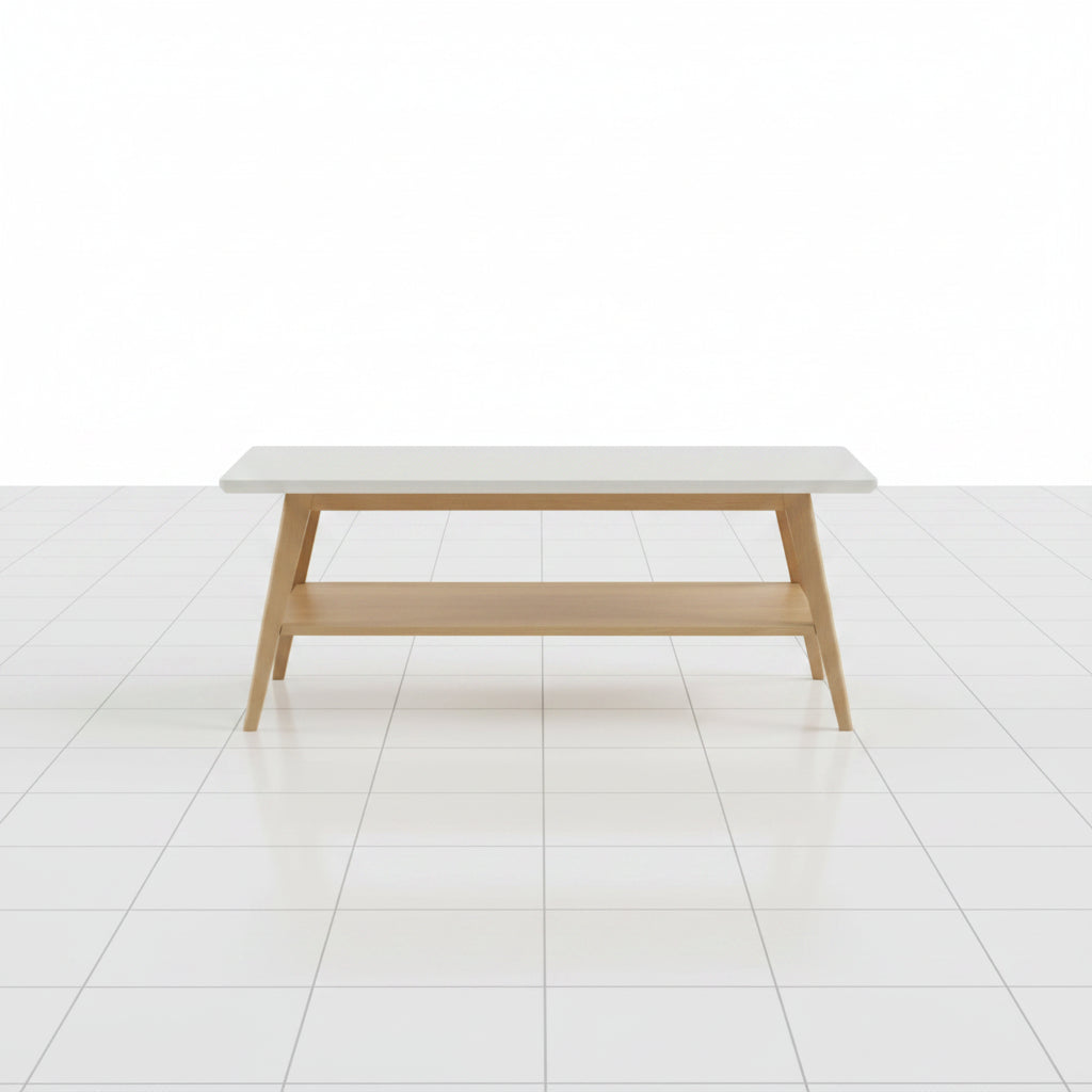 Front perspective of the off white and natural wood center table with lower storage shelf