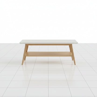 Front perspective of the off white and natural wood center table with lower storage shelf