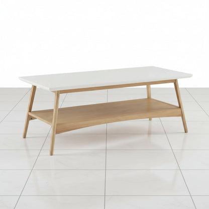 Side angle view showcasing the dual tier design of the wooden living room table