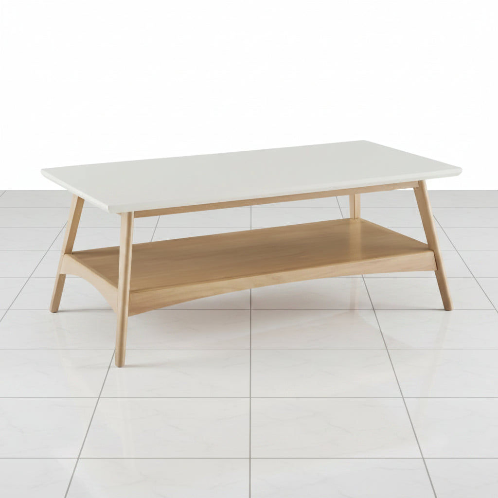 Detailed close up of the spacious lower storage shelf on the two tier coffee table