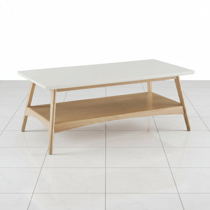 Detailed close up of the spacious lower storage shelf on the two tier coffee table