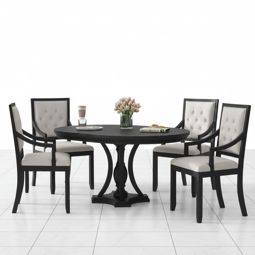 5 Piece Round Dining Table Set Extendable Wood Black Oak - Angled perspective showcasing the table and four matching chairs