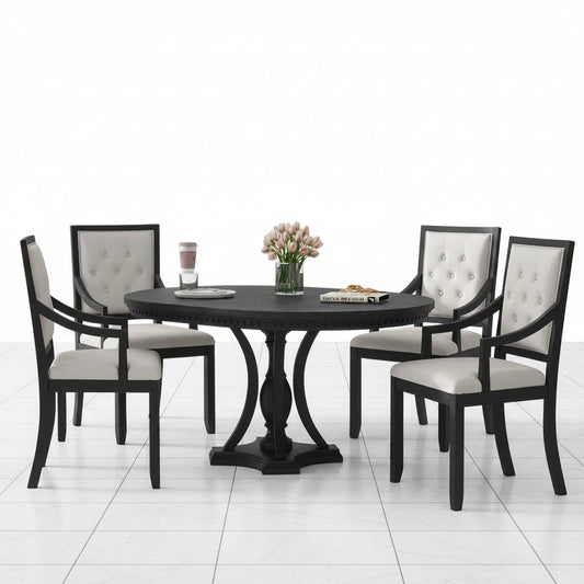 5 Piece Round Dining Table Set Extendable Wood Black Oak - Angled perspective showcasing the table and four matching chairs
