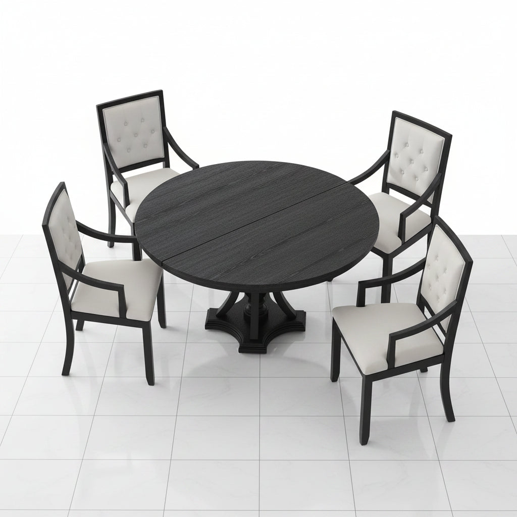 5 Piece Round Dining Table Set Extendable Wood Black Oak - Front view highlighting the rich black oak wood grain finish