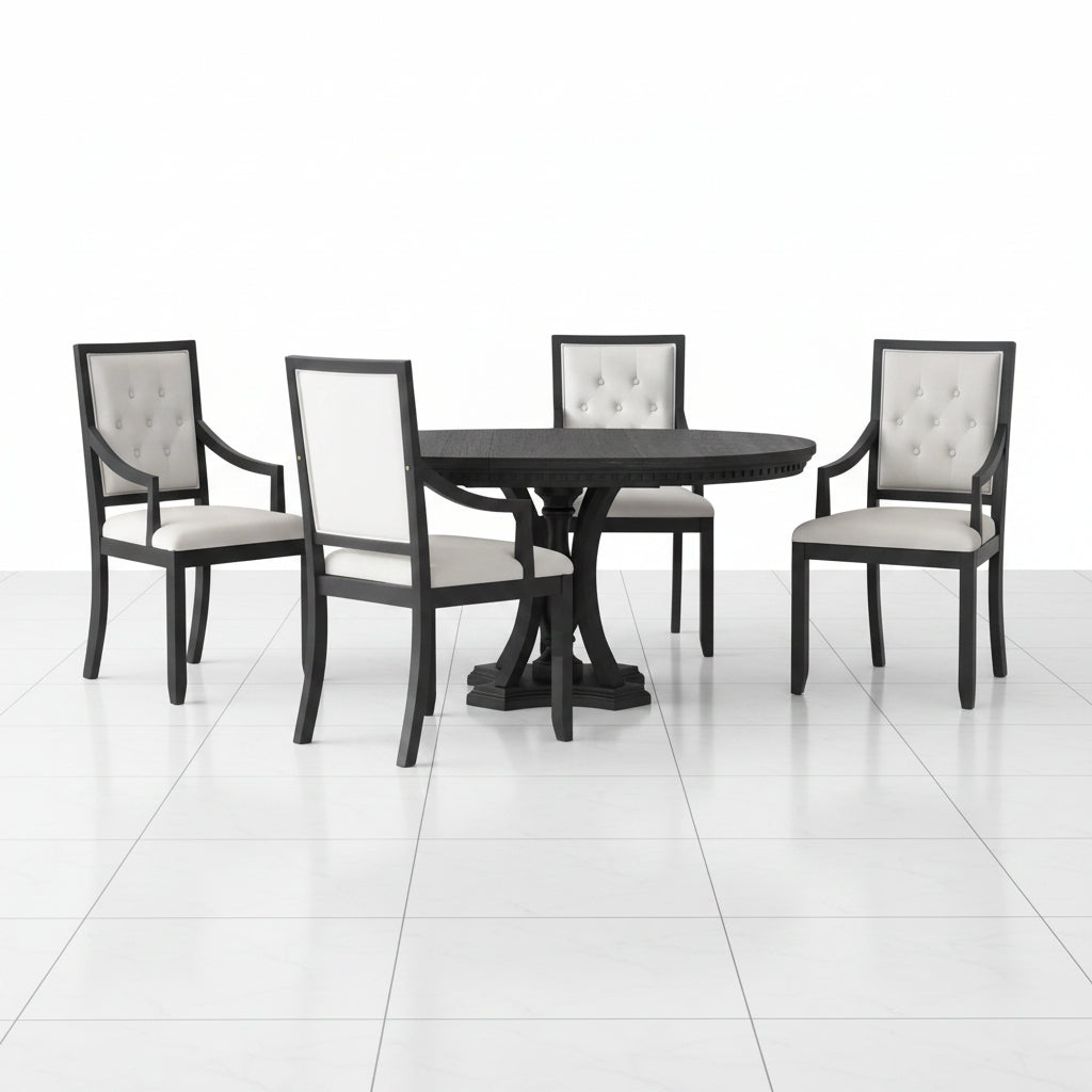 5 Piece Round Dining Table Set Extendable Wood Black Oak - Side profile view of the extendable round tabletop mechanism