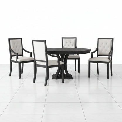 5 Piece Round Dining Table Set Extendable Wood Black Oak - Side profile view of the extendable round tabletop mechanism