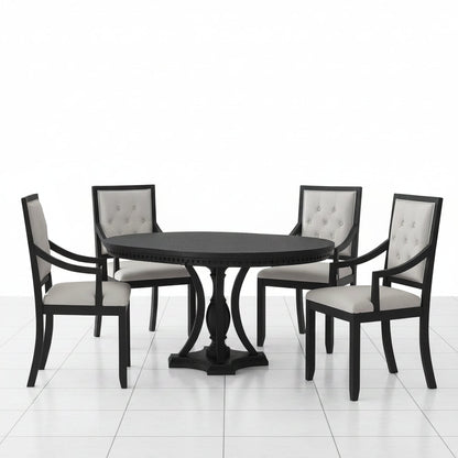 5 Piece Round Dining Table Set Extendable Wood Black Oak - Detailed close up of the durable black oak surface texture