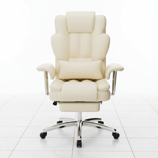 Beige PU Leather Big and Tall Office Chair with Reclining Footrest - Angled perspective showcasing the executive big and tall frame