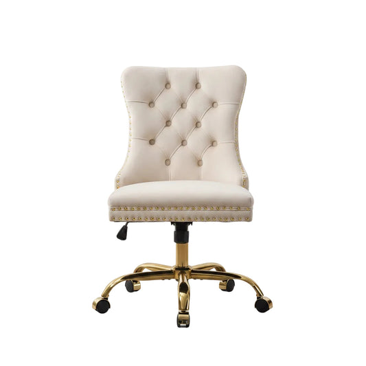 Beige Velvet Office Chair with Tufted Back Adjustable Swivel Base - Angled perspective showcasing the elegant tufted backrest and swivel seat