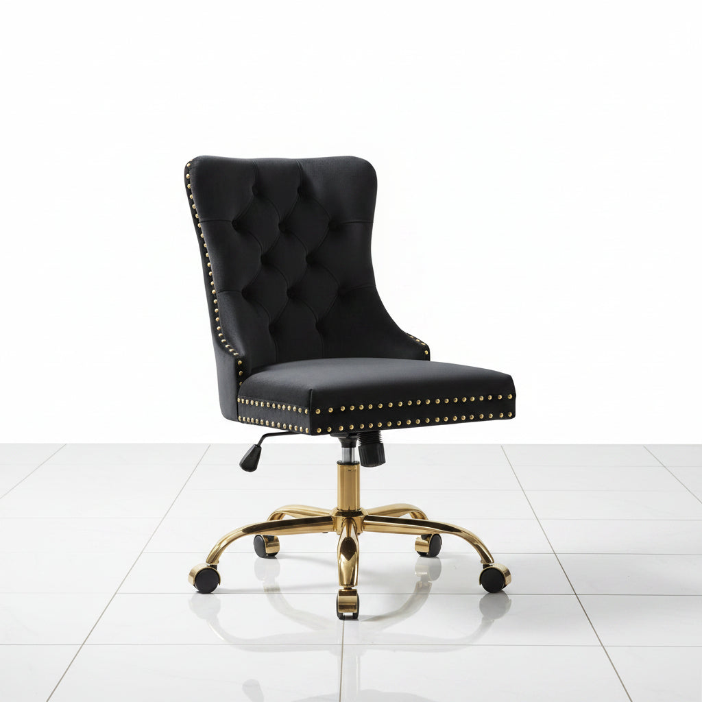 Black Velvet Office Chair with Tufted Back Adjustable Swivel Base - Angled perspective showcasing the elegant tufted backrest and swivel seat