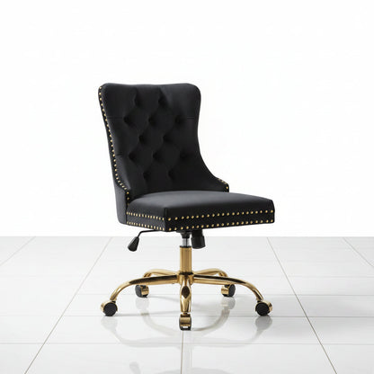 Black Velvet Office Chair with Tufted Back Adjustable Swivel Base - Angled perspective showcasing the elegant tufted backrest and swivel seat