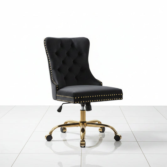 Black Velvet Office Chair with Tufted Back Adjustable Swivel Base - Angled perspective showcasing the elegant tufted backrest and swivel seat