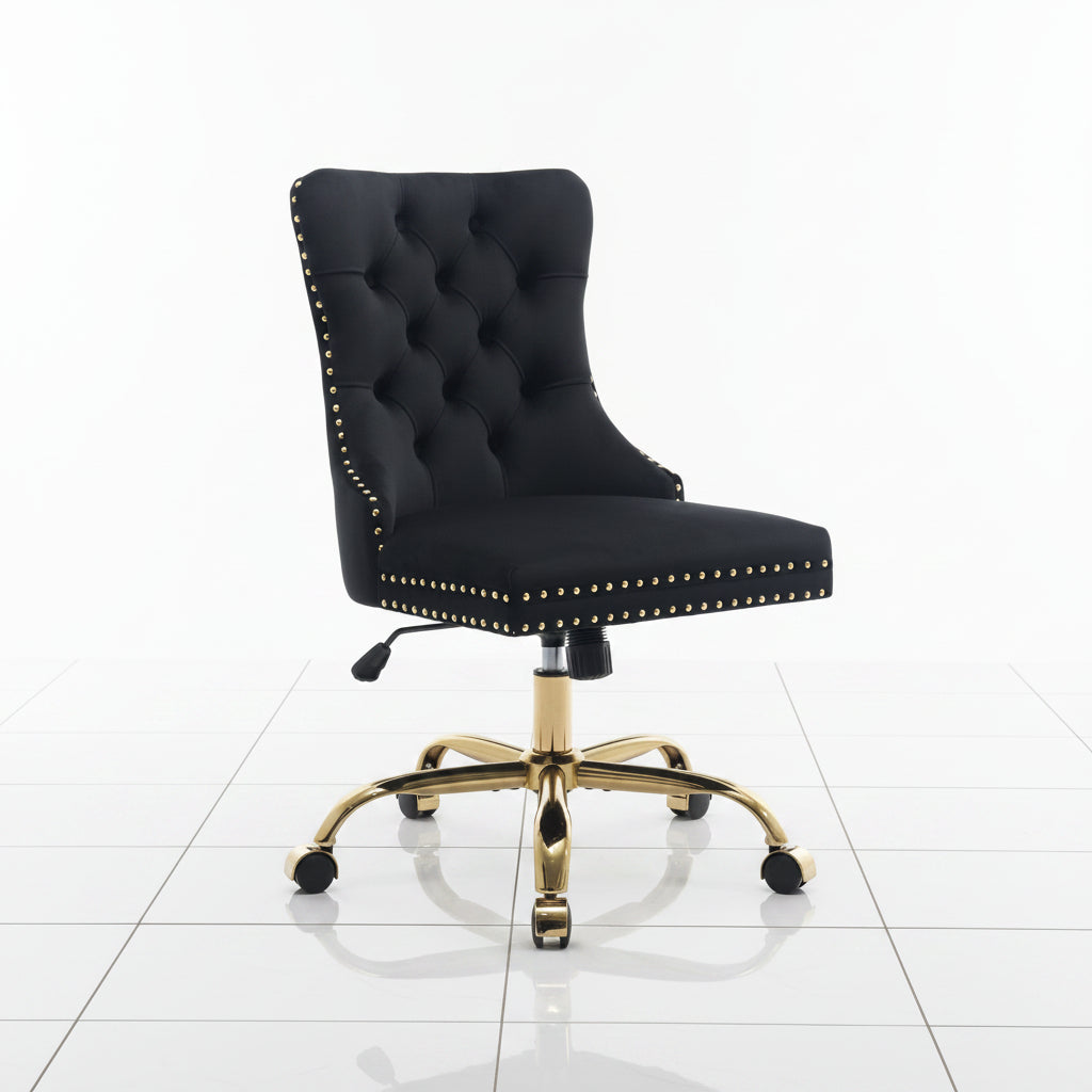 Black Velvet Office Chair with Tufted Back Adjustable Swivel Base - Front view highlighting the soft black velvet upholstery