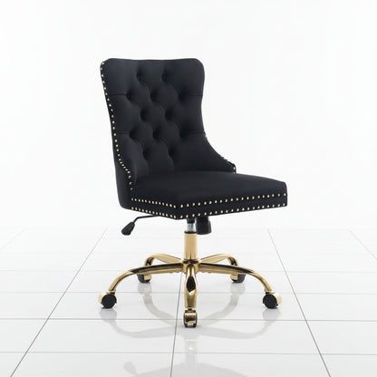 Black Velvet Office Chair with Tufted Back Adjustable Swivel Base - Front view highlighting the soft black velvet upholstery