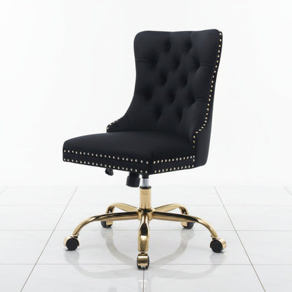 Black Velvet Office Chair with Tufted Back Adjustable Swivel Base - Side profile view of the ergonomic curvature and height adjustment lever