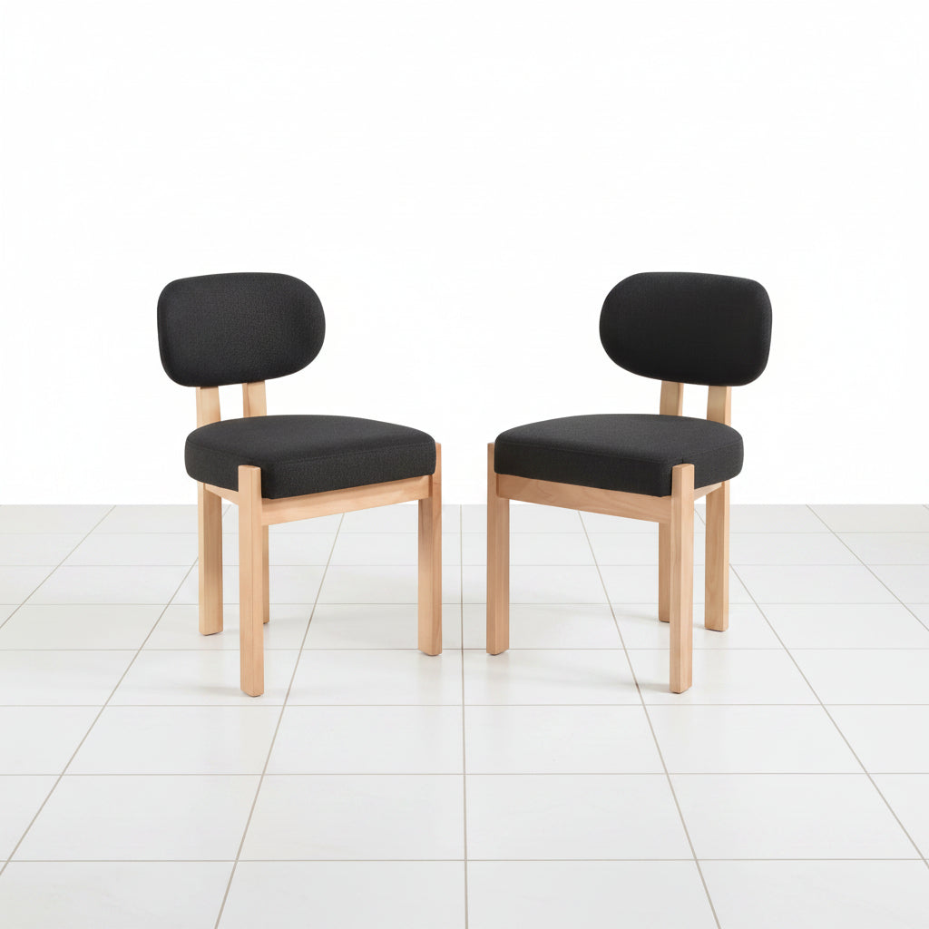 Dining Chair Set of 2 Upholstered Fabric Seat Rubber Wood Legs Black - Front view highlighting the upholstered fabric cushion
