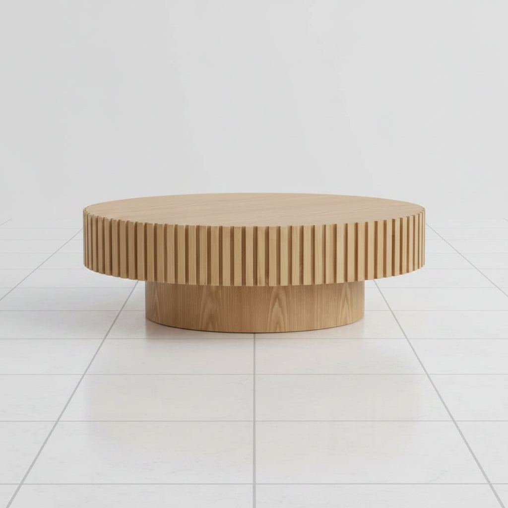 Natural Ash Oval Drum Coffee Table with Wood Look Finish Pedestal Base - Modern angled perspective showing the curved silhouette