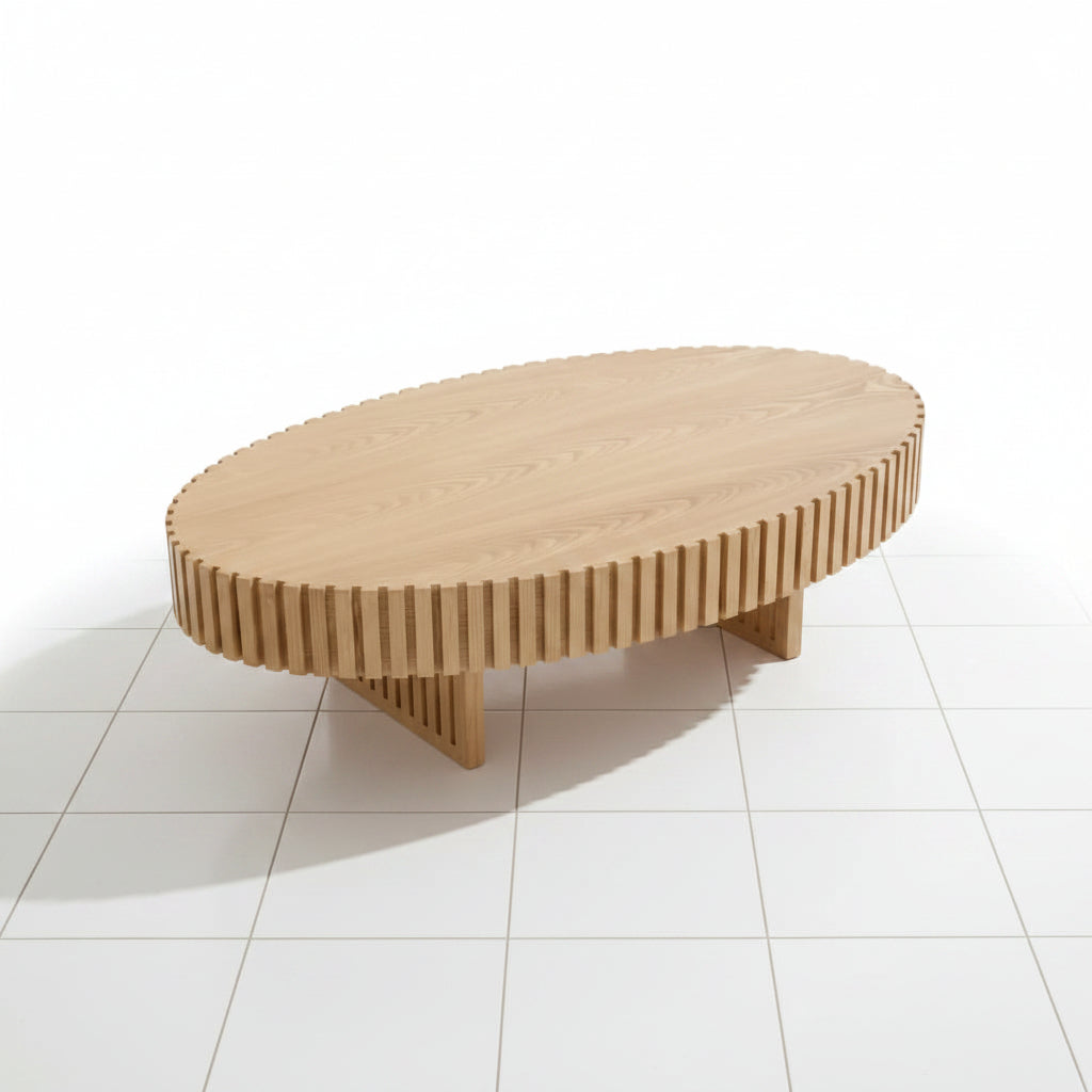 Natural Ash Oval Drum Coffee Table with Wood Look Finish Pedestal Base - Front view highlighting the seamless drum structure