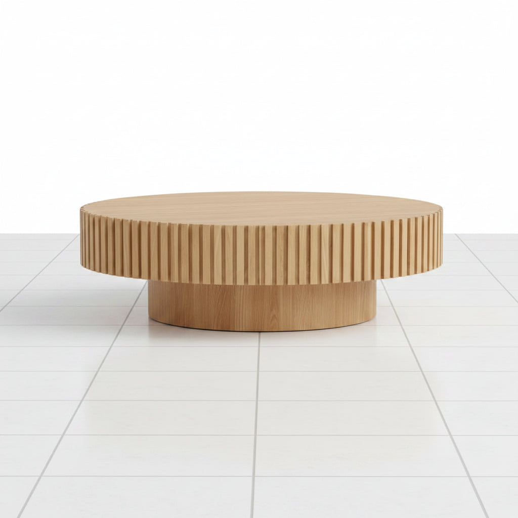 Natural Ash Oval Drum Coffee Table with Wood Look Finish Pedestal Base - Side profile view of the solid pedestal base