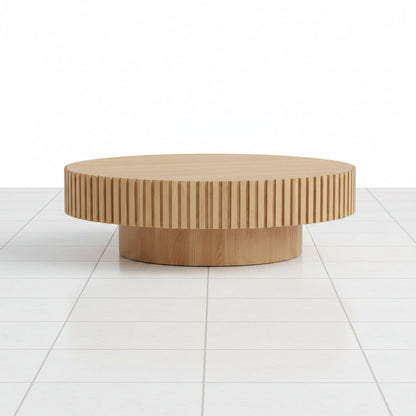 Natural Ash Oval Drum Coffee Table with Wood Look Finish Pedestal Base - Side profile view of the solid pedestal base