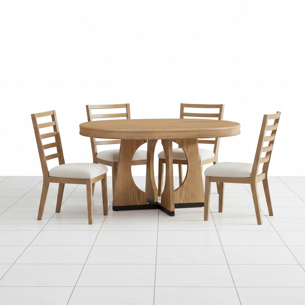 Natural Wood Dining Table Set with 4 Chairs Round Extendable Design - Angled perspective showcasing the round table and four matching wooden chairs