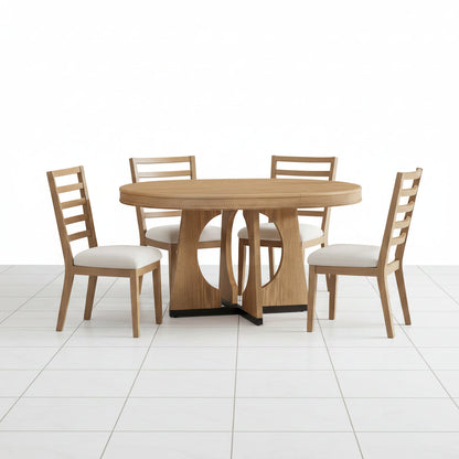 Natural Wood Dining Table Set with 4 Chairs Round Extendable Design - Angled perspective showcasing the round table and four matching wooden chairs