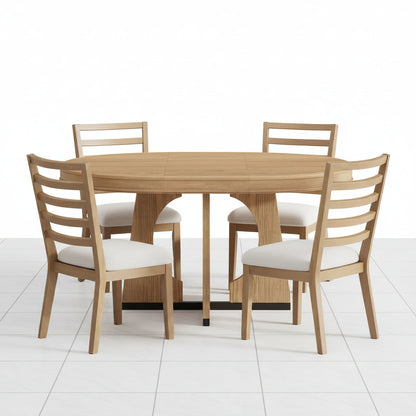 Natural Wood Dining Table Set with 4 Chairs Round Extendable Design - Front view highlighting the warm natural wood grain finish