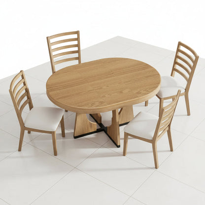 Natural Wood Dining Table Set with 4 Chairs Round Extendable Design - Side profile view of the extendable round tabletop mechanism