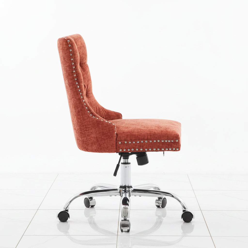 Orange Chenille Office Chair with Tufted Back Adjustable Swivel Base - Front view highlighting the soft textured chenille fabric upholstery