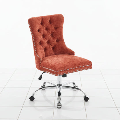 Orange Chenille Office Chair with Tufted Back Adjustable Swivel Base - Side profile view of the ergonomic curvature and height adjustment lever