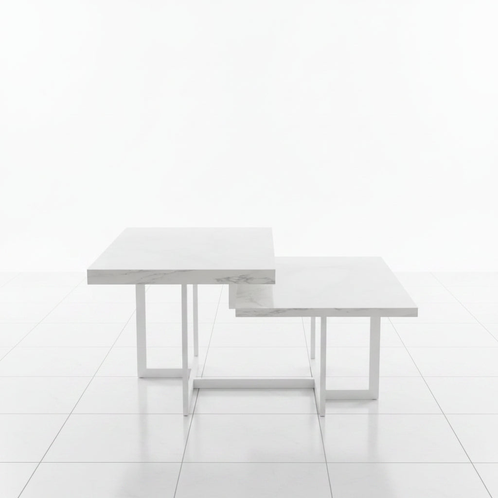 White Square Coffee Table with Faux Marble Top 2 Tier Metal Frame - Modern angled perspective showing the luxury top