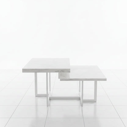 White Square Coffee Table with Faux Marble Top 2 Tier Metal Frame - Modern angled perspective showing the luxury top