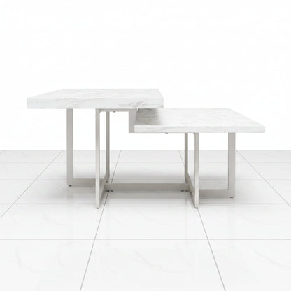 White Square Coffee Table with Faux Marble Top 2 Tier Metal Frame - Front view highlighting the two-tier structure