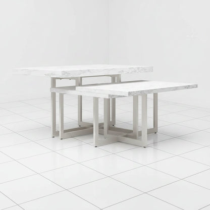 White Square Coffee Table with Faux Marble Top 2 Tier Metal Frame - Side profile view of the geometric metal support legs