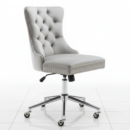 Beige tufted office chair side view