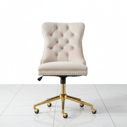 Beige velvet office chair front view