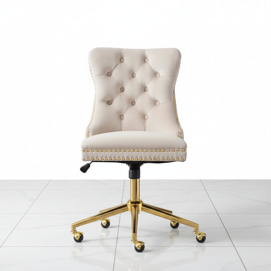 Beige velvet office chair front view