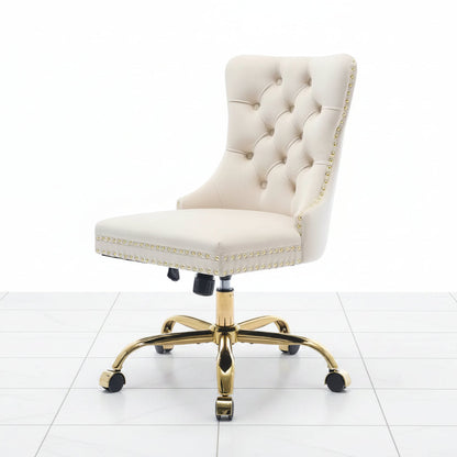 Beige velvet office chair side view
