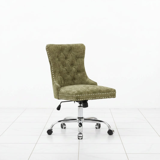 Green chenille office chair with swivel base