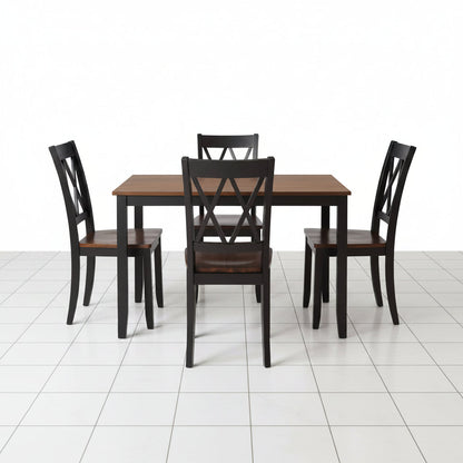 Espresso dining table with four black chairs