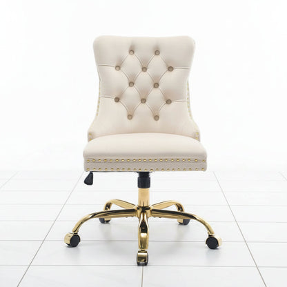 Beige velvet office chair with swivel base